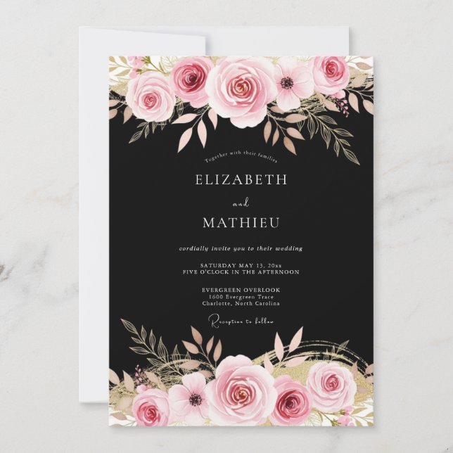 Invitation Mariage Botanique Abondant Noir Rose (Devant)