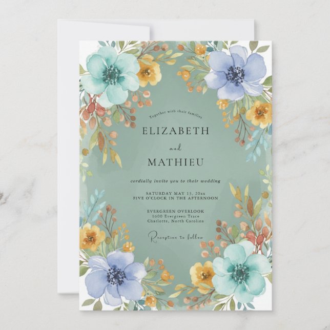 Invitation Mariage Botanique Abondant Vert Sauge (Devant)