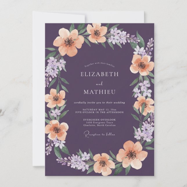 Invitation Mariage Botanique Abricot Violet Foncé (Devant)