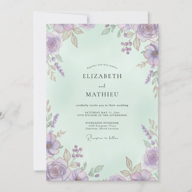 Invitation Mariage Botanique Aérien à la Lavande Menthe (Devant)