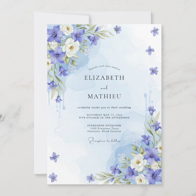 Invitation Mariage Botanique Aérien Bleu Barbeau (Devant)
