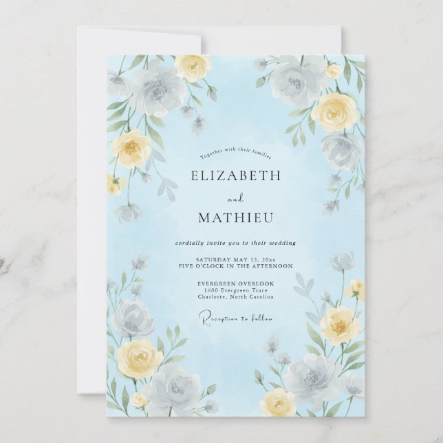 Invitation Mariage Botanique Aérien Bleu Clair (Devant)