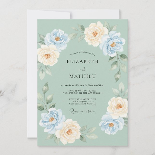 Invitation Mariage Botanique Aérien Bleu Menthe (Devant)