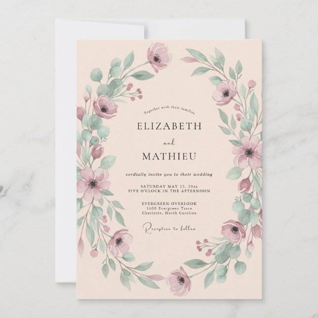 Invitation Mariage Botanique Aérien Rose (Devant)