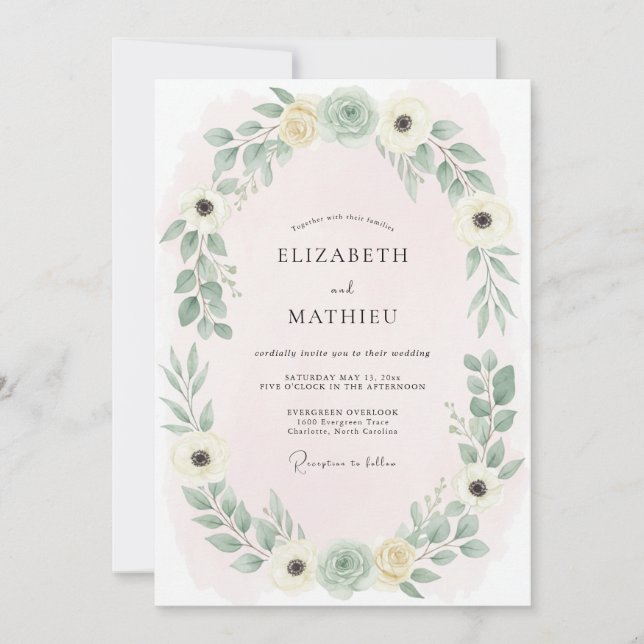 Invitation Mariage Botanique Aérien Rose Tendre (Devant)