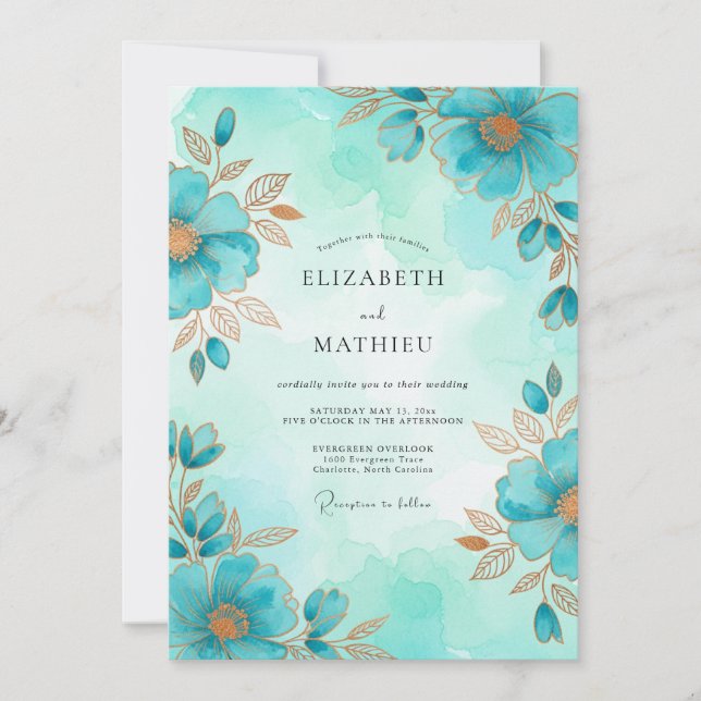 Invitation Mariage Botanique Aérien Turquoise (Devant)