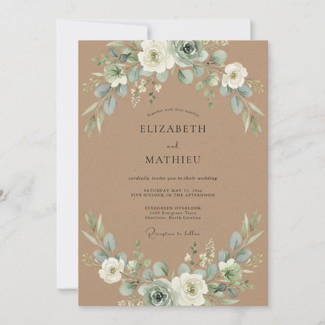 Invitation Mariage Botanique Aérien Vert Sauge (Devant)