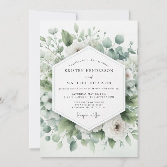 Invitation Mariage Botanique Aérien Vert Sauge (Devant)