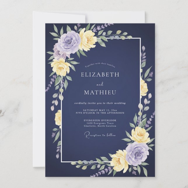 Invitation Mariage Botanique Améthyste Navy (Devant)