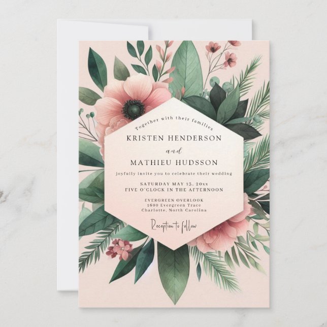 Invitation Mariage Botanique Anémone Rose (Devant)