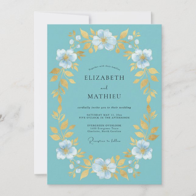 Invitation Mariage Botanique Aqua Gold (Devant)