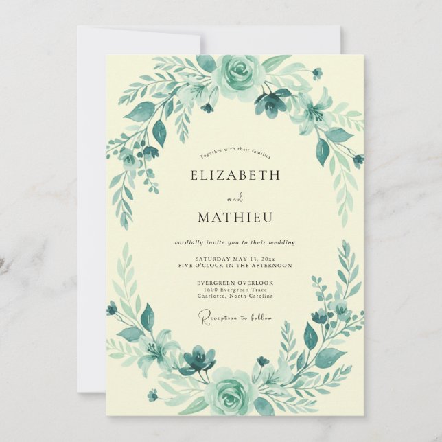 Invitation Mariage Botanique Aqua Sarcelle (Devant)