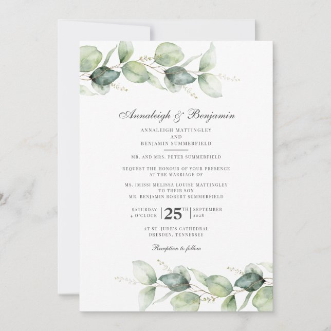 Invitation Mariage botanique aquarelle à feuillage d'eucalypt (Devant)