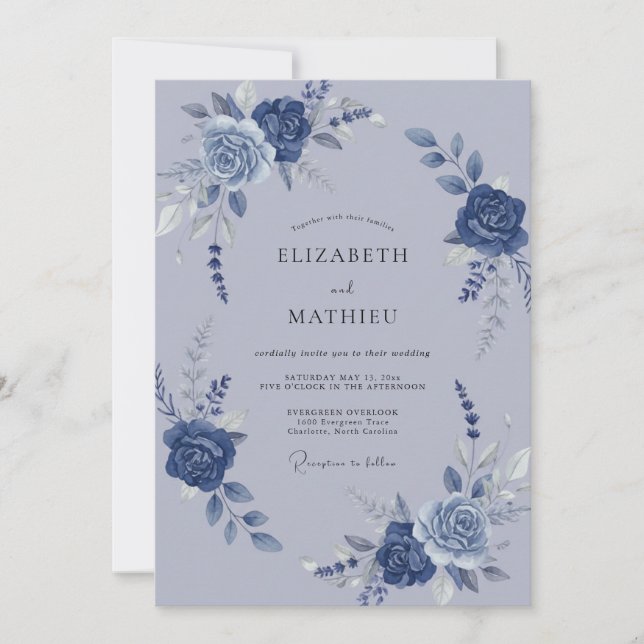 Invitation Mariage Botanique Aquarelle Bleu Ardoise (Devant)