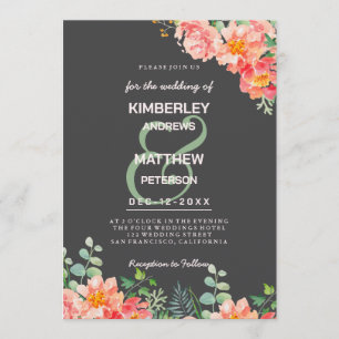 Invitation Mariage botanique aquarelle corail rose gris foncé
