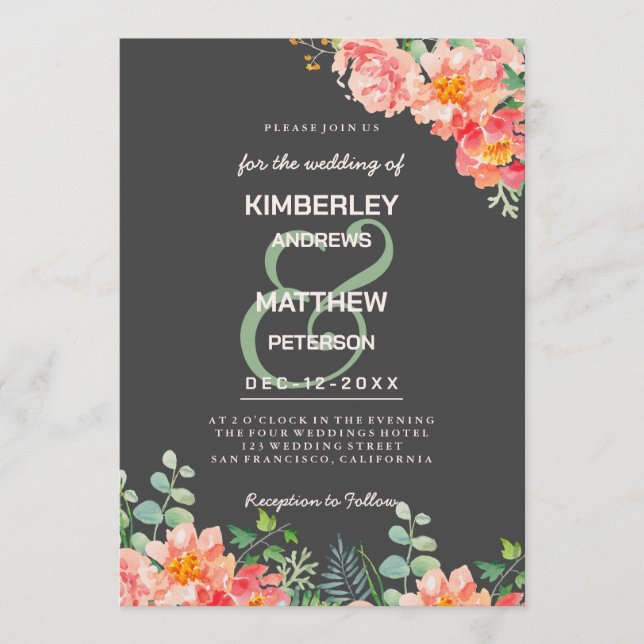 Invitation Mariage botanique aquarelle corail rose gris foncé (Devant)