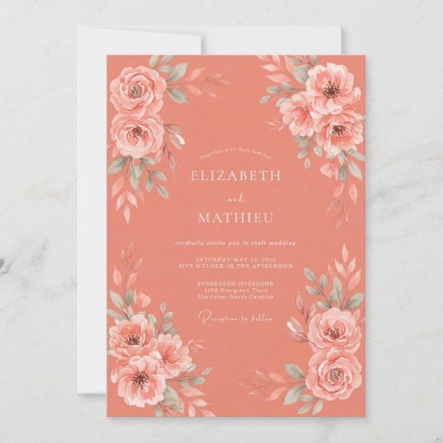 Invitation Mariage Botanique Aquarelle Douce Corail (Devant)