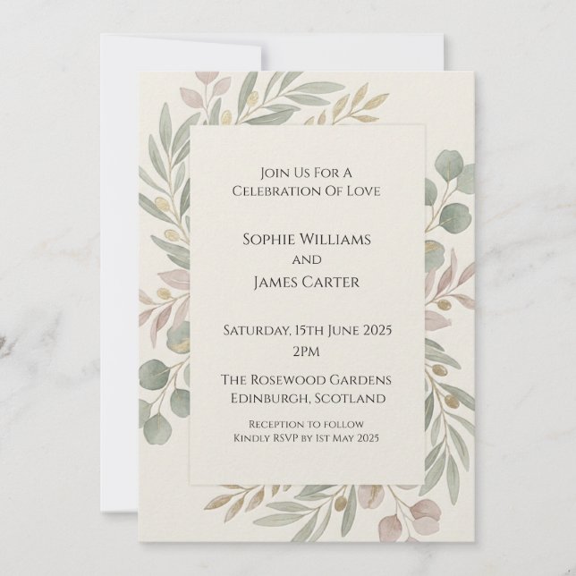 Invitation Mariage botanique aquarelle Eucalyptus Blush (Devant)