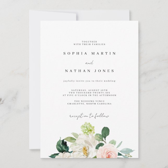 Invitation Mariage Botanique Aquarelle Ivoire Rosé (Devant)
