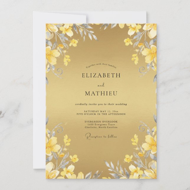 Invitation Mariage Botanique Aquarelle Jaune (Devant)
