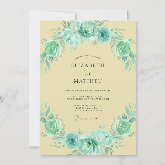 Invitation Mariage Botanique Aquarelle Menthe Sarcelle (Devant)