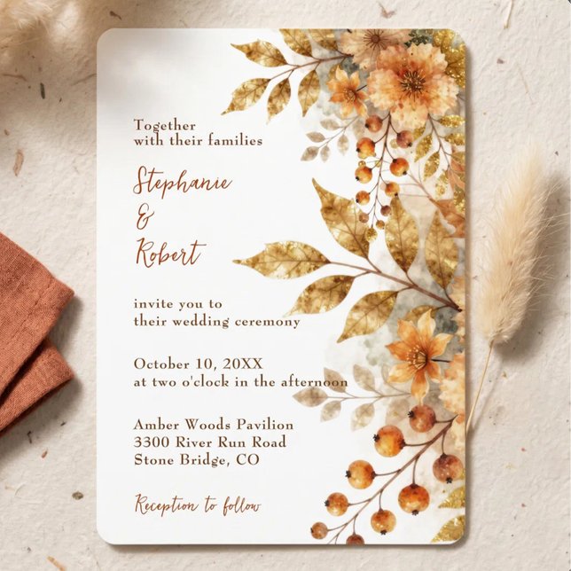 Invitation Mariage Botanique Aquarelle Or Automnal Rustique (Créateur téléchargé)