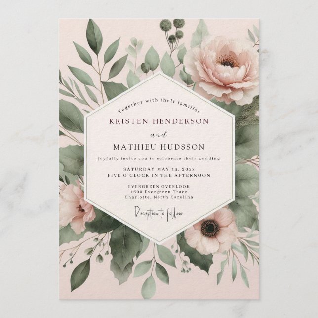 Invitation Mariage Botanique Aquarelle Rose (Devant)