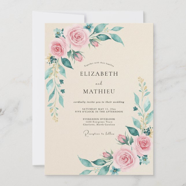 Invitation Mariage Botanique Aquarelle Rose Champagne (Devant)