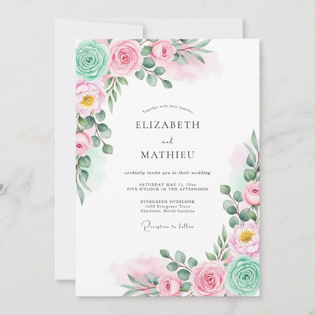 Invitation Mariage Botanique Aquarelle Rose Menthe (Devant)
