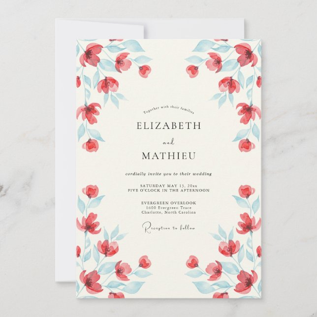 Invitation Mariage Botanique Aquarelle Rouge Vibrant (Devant)