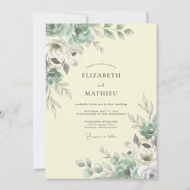 Invitation Mariage Botanique Aquarelle Sauge (Devant)
