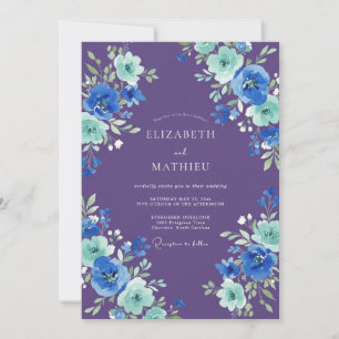 Invitation Mariage Botanique Aquarelle Teal Pourpre