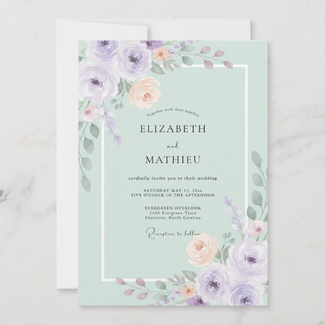 Invitation Mariage botanique aquarelle vert menthe (Devant)