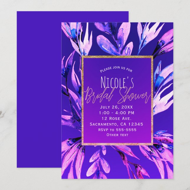 Invitation Mariage Botanique Aquarelle Violet Clair Et Gras (Devant / Derrière)
