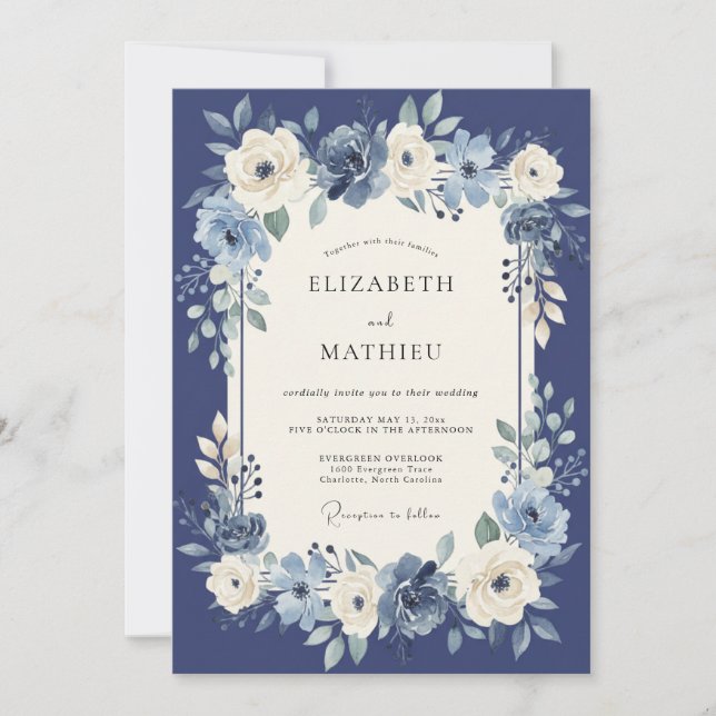 Invitation Mariage Botanique Aristocratique Bleu Nuit (Devant)