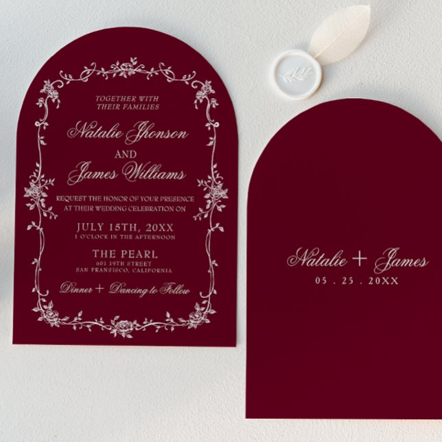 Invitation Mariage botanique arqué bordeaux floral chic (Créateur téléchargé)