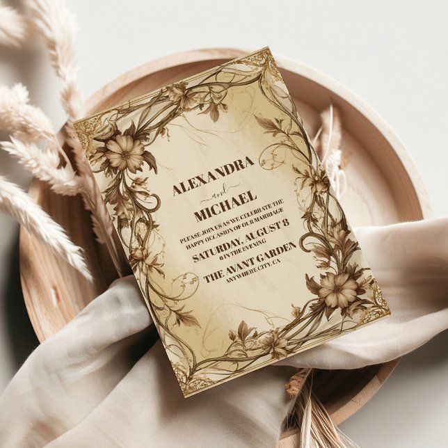Invitation Mariage botanique Art Nouveau or (Créateur téléchargé)