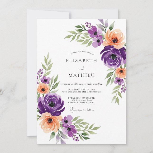 Invitation Mariage Botanique Artistique Violet (Devant)
