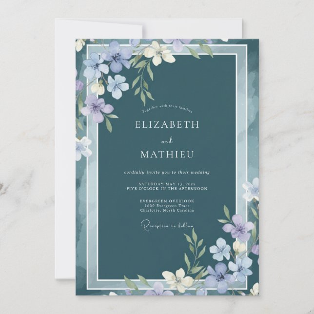 Invitation Mariage Botanique Atmosphérique Bleu Ardoise (Devant)