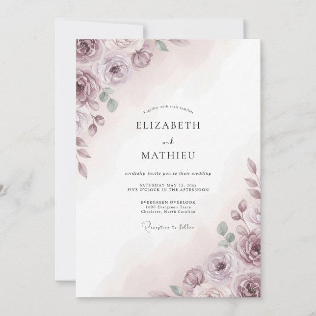 Invitation Mariage Botanique Atmosphérique Mauve (Devant)
