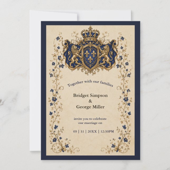 Invitation Mariage botanique au blason de lion médiéval (Devant)