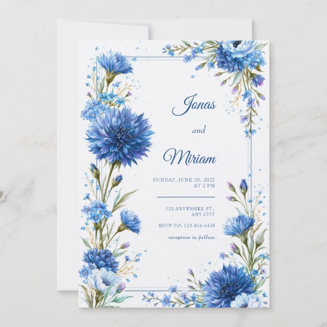 Invitation Mariage Botanique au Bleuet de Cobalt (Devant)