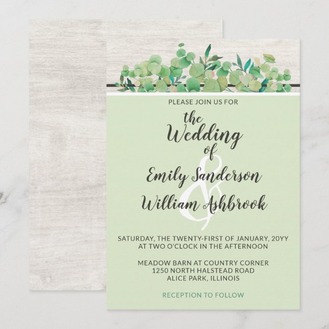 Invitation Mariage botanique au Bois Rustique et Feuille d'Eu (Devant / Derrière)