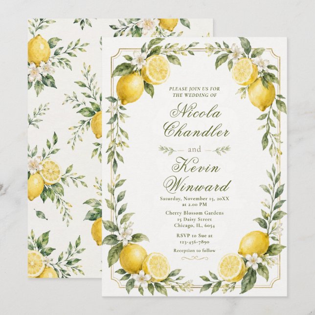 Invitation Mariage Botanique au Citron (Devant / Derrière)