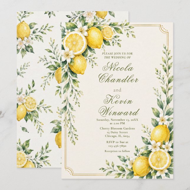 Invitation Mariage Botanique au Citron (Devant / Derrière)
