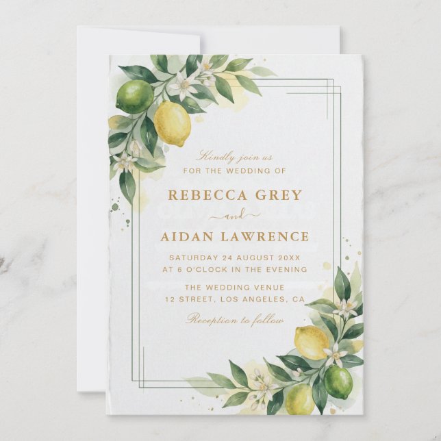 Invitation Mariage botanique au citron vert aquarelle (Devant)