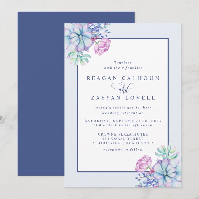 Invitation Mariage Botanique au Succulent Violet Poussiéreux (Devant / Derrière)