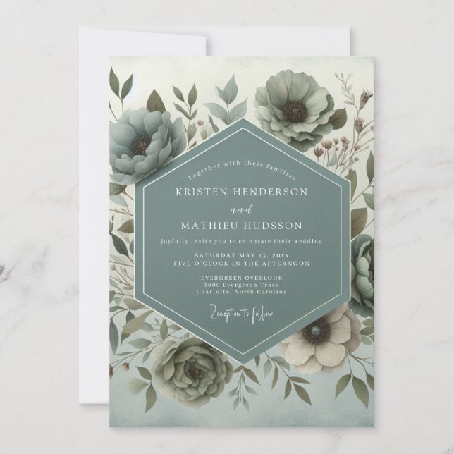 Invitation Mariage Botanique au Ton Ardoise Délavé (Devant)