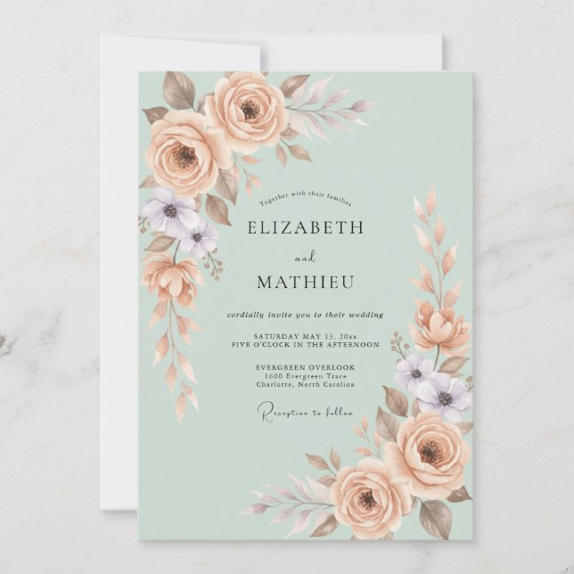 Invitation Mariage Botanique au Vert Pâle Pastel (Devant)