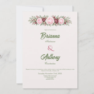 Invitation Mariage Botanique au Vin Romantique et Pivoine Ros